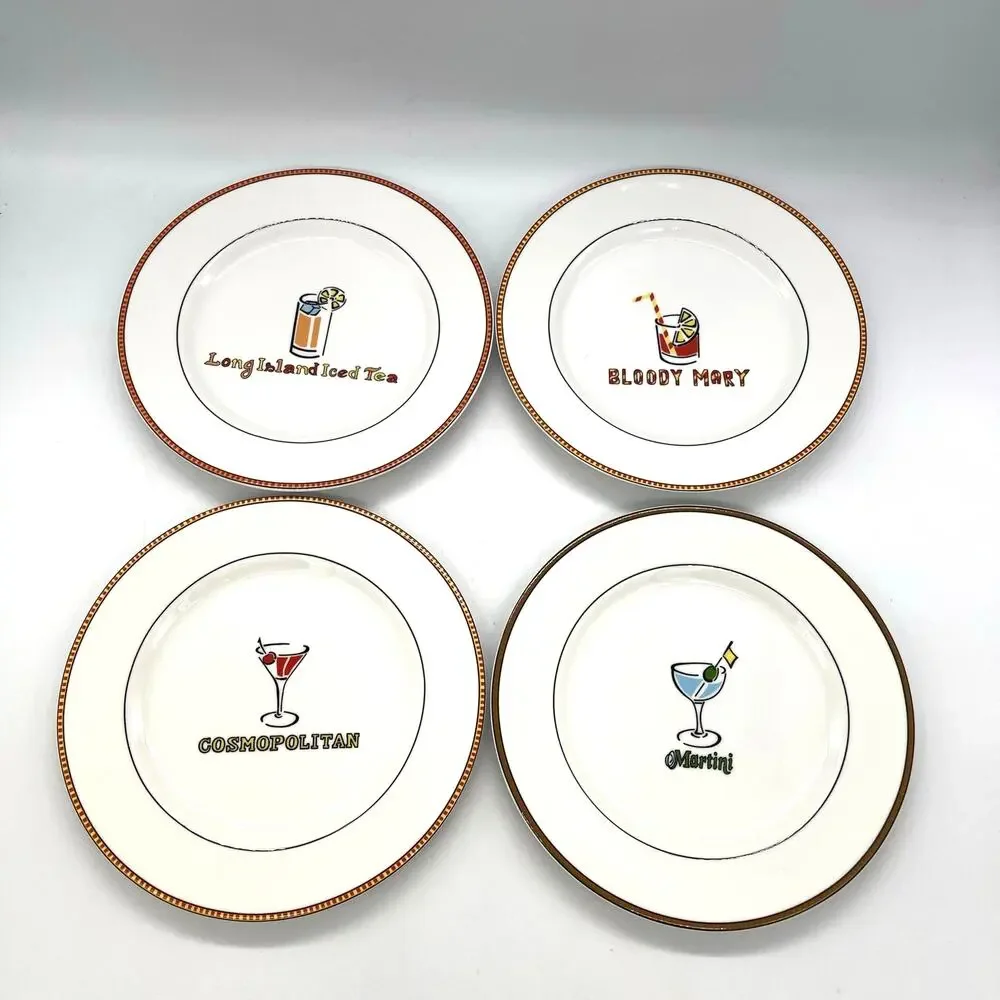 Ten Strawberry Street Set of 4 Tavern Cocktail Plates with Drink Recipes 7.75